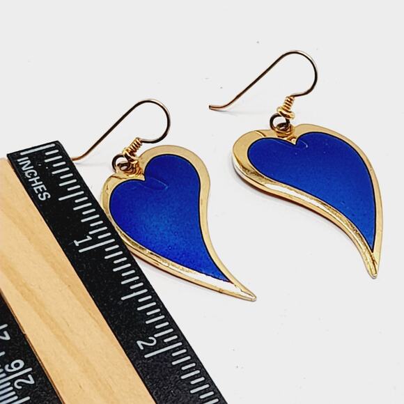 Vintage Laurel Burch Heart Dangle Earrings, Blue Enamel, Gold Plated, 2 Inches - Picture 9 of 10